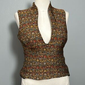 Julian Chang Silk Fitted Deep Decollate Jacquard sleeveless top size 8- vintage
